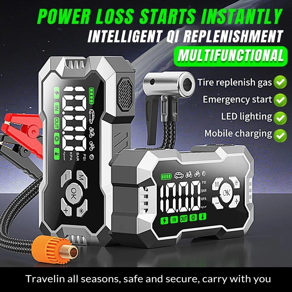 3000A Peak Portable Car Jump Starter 6400mAh Battery Booster Pack Built-in 150PSI Tire Inflator LED Emergency Light USB Charger For Auto Motorcycle Roadside Emergency Kit