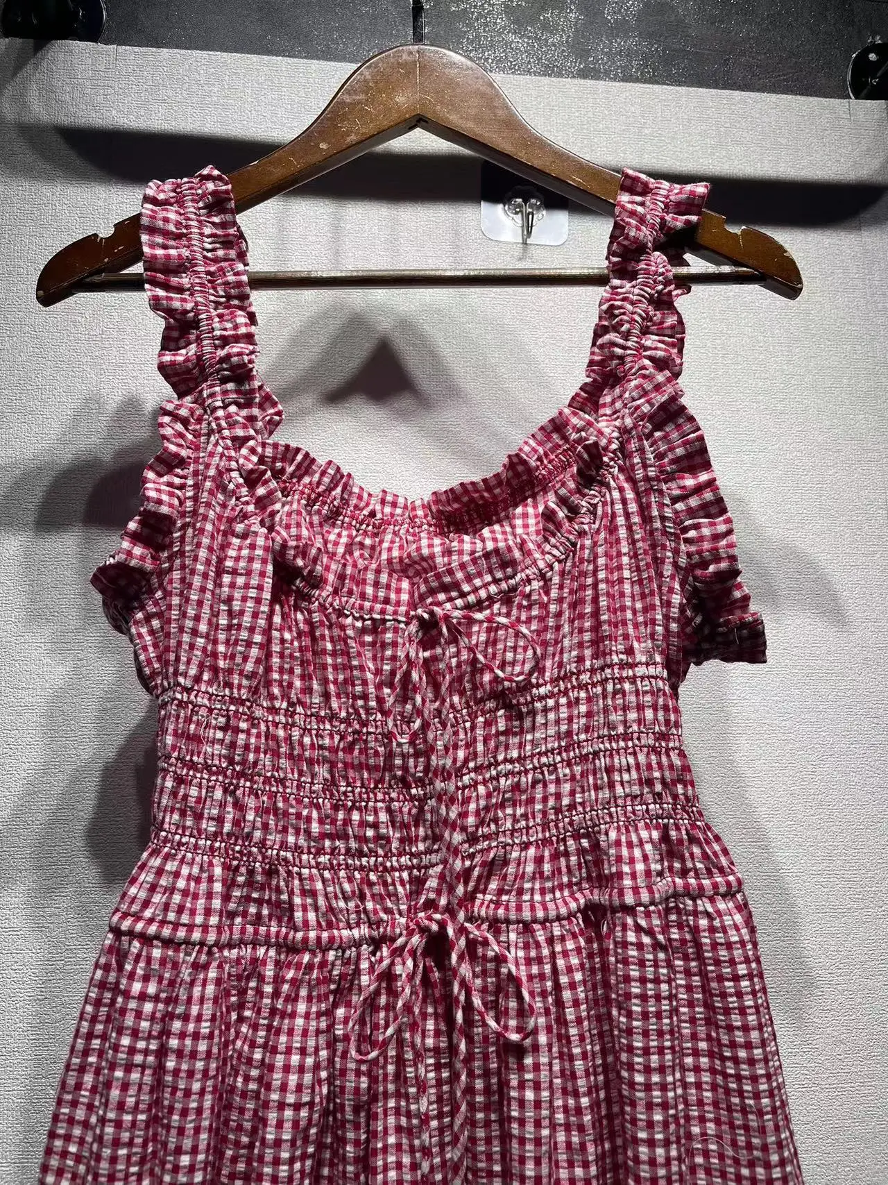 Rode Plaid Vrouwen Ruches Tank Jurk Zomer Nieuwe 2024 Mouwloze A-Lijn Hoge Taille Veterschoenen Mode Dames 100% Katoen Midi Jurk