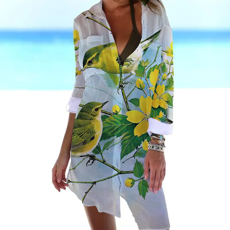 Camisa de praia solta manga comprida feminina, estampa 3D, saia boêmia de férias, estampa de passarinho, botão, elegante, novo, verão