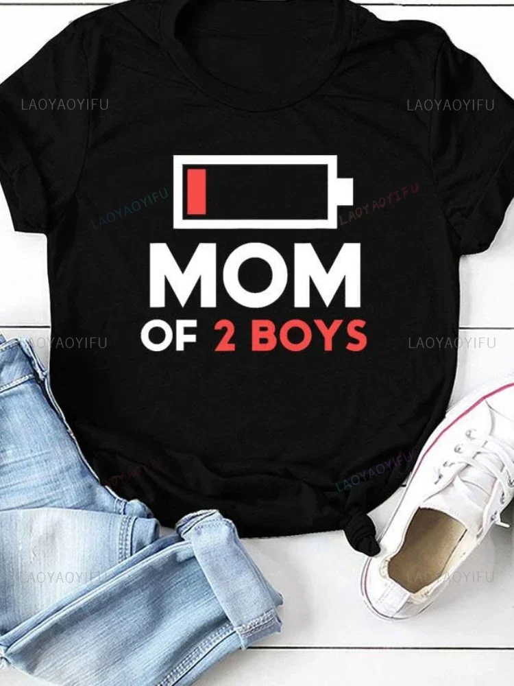 

MOM OF BOYS Recharge Print Women T Shirt Short Sleeve O Neck Loose Women Tshirt Ladies Fashion Tee Shirt Tops Camisetas Mujer