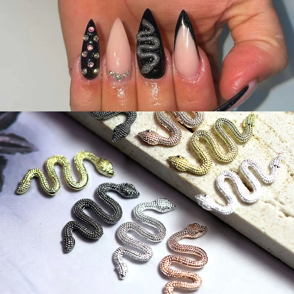 10pcs/lot 3D Alloy Snake Nail Charms Metal Design Gold/Silver 19*8.5mm Manicure Decorations Luxury Jewelry Nail Art Accessories