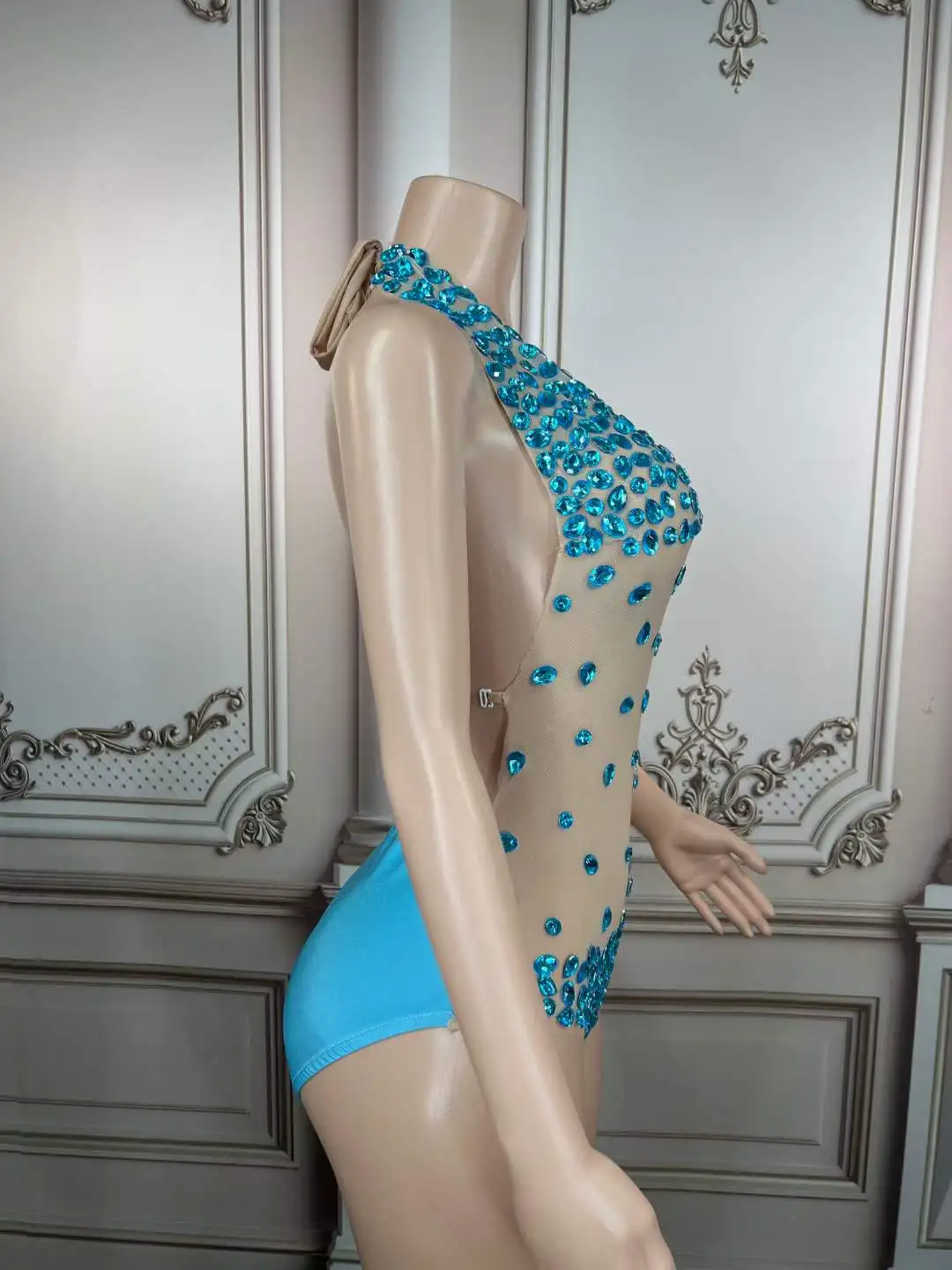 Nouveau brillant strass maille transparente danse body tenue anniversaire célébrer Costume bal fête danseur spectacle Sexy body