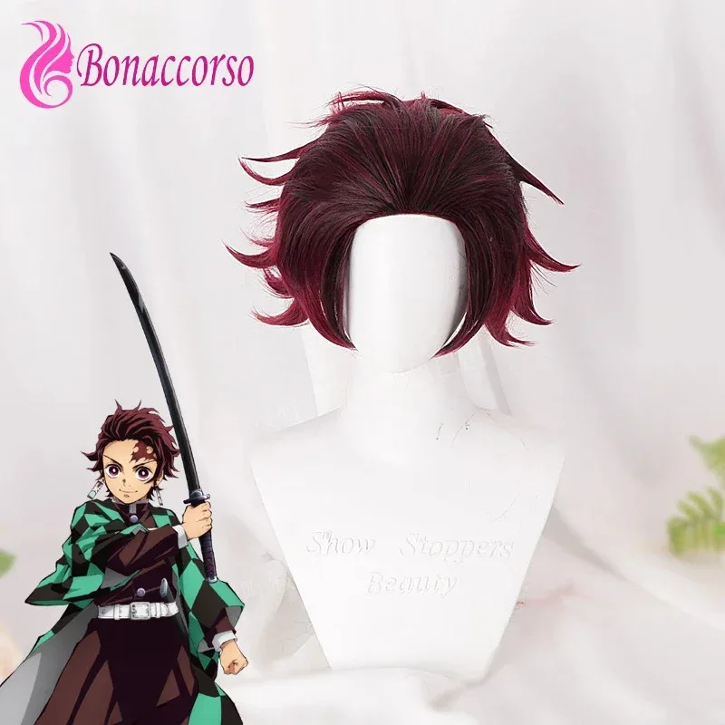 Peluca de Cosplay Kamado Tanjirou, peluca rizada corta sintética de color rojo oscuro, disfraz de Anime Demon Slayer, peluca de alta calidad para fiesta diaria