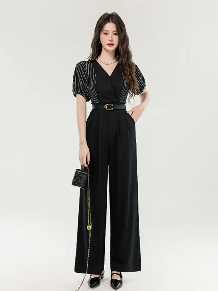 

Korean 2025 Summer Black Striped Patchwork High Waist Short Sleeved Jumpsuits Women Elegant V-neck Fashion Wide-leg Rompers Chic
