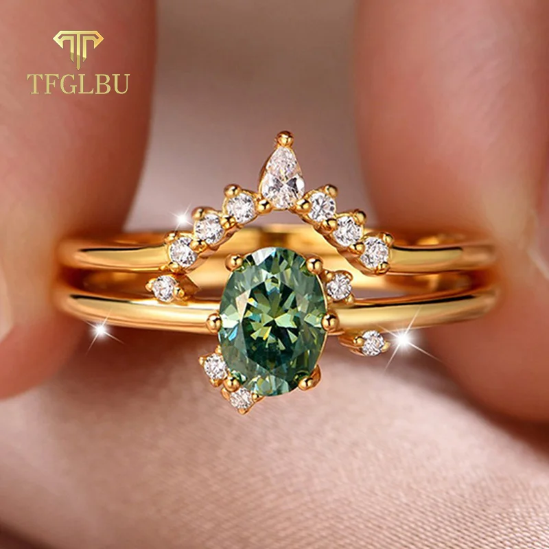 

TFGLBU New 5*7mm Green Oval Cut Moissanite Ring Set for Women Lab Diamond Wedding 18k Plated Party Band 925 Silver Jewelry Gift