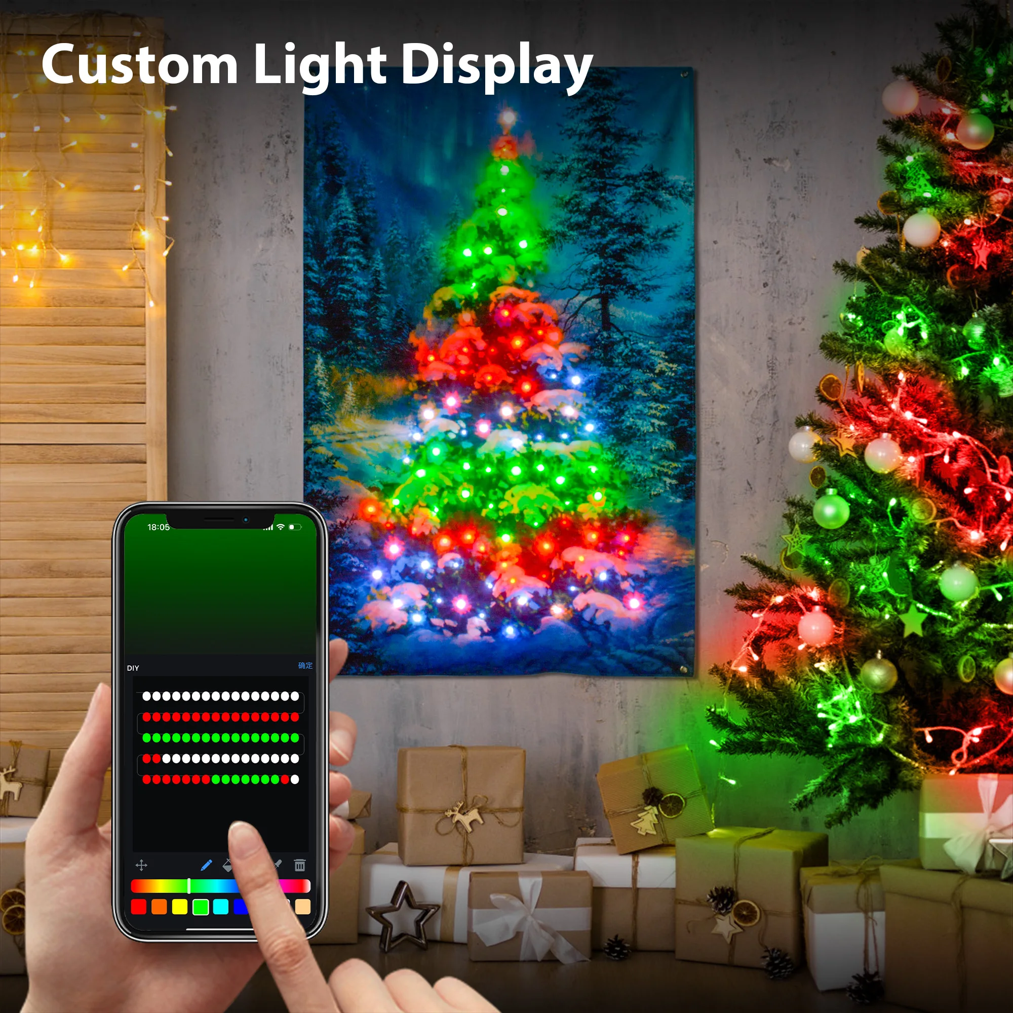 Árvore de natal colorido tapeçaria lona guirlanda com luzes led rgb controle app cor diy alimentação usb para decoração casa