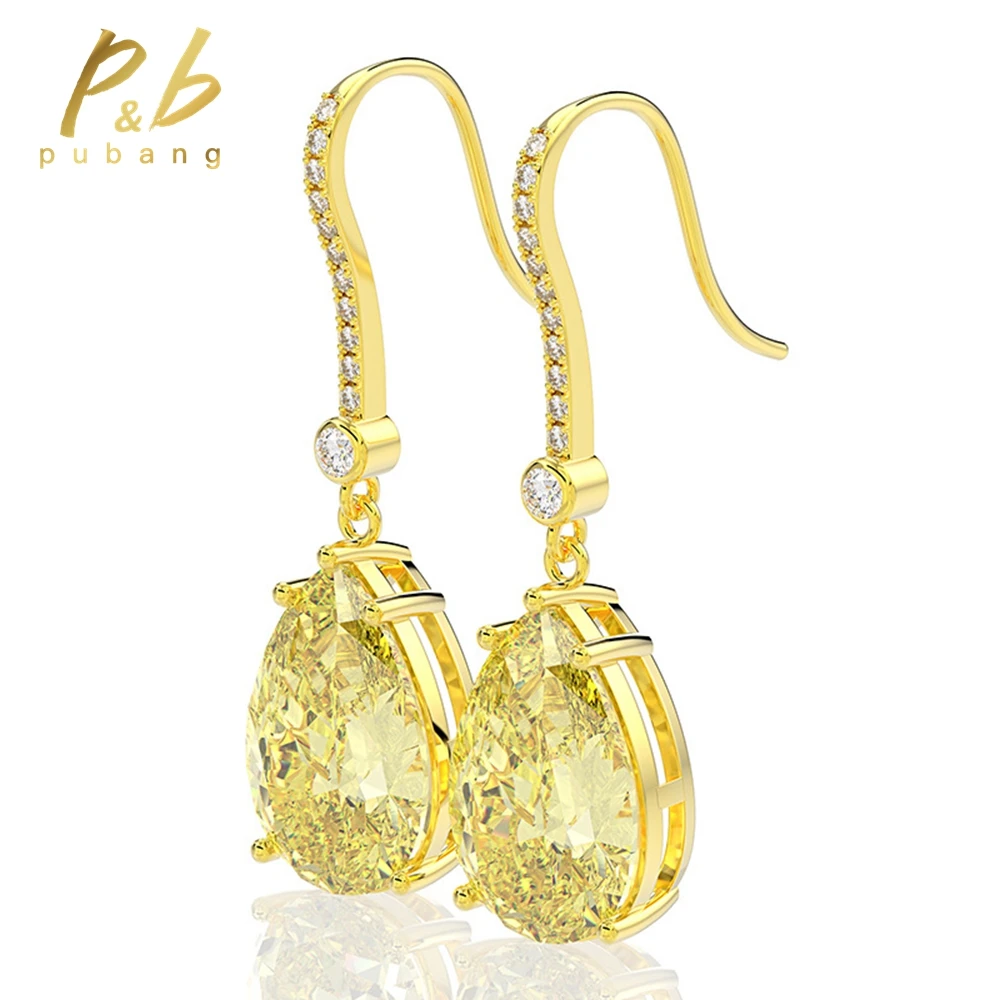 PuBang Fine Jewelry 925 Sterling Silver Sparkling Vivid Yellow Cubic Zirconia Gem Gold Drop Earrings for Women Anniversary Gifts