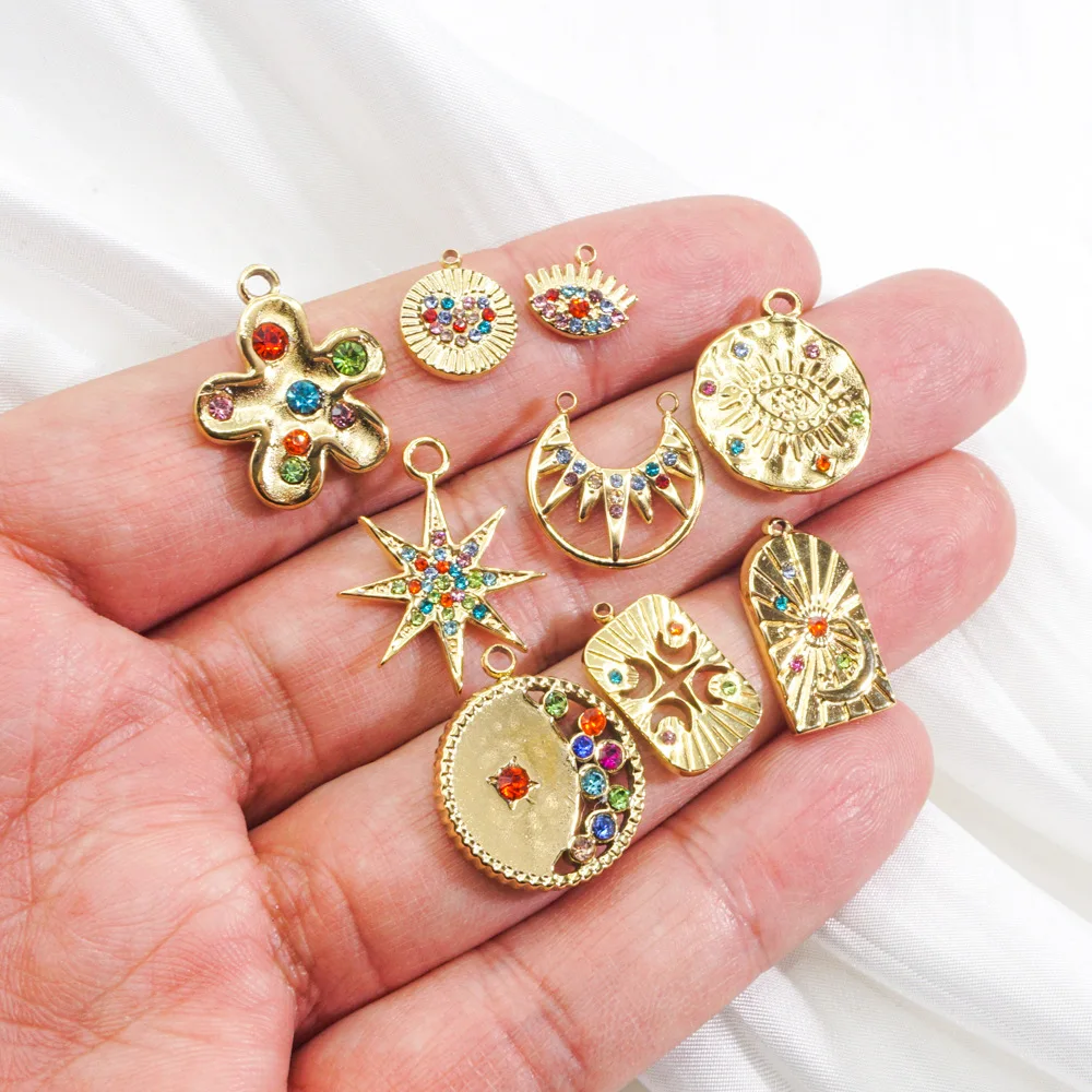 3Pcs Stainless Steel Multicolour Flowers Stars Moon Charms Small Pendant With Zircon DIY Jewelry Necklaces Accessory