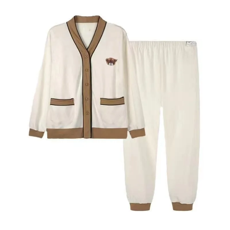 2023 Autumn New Long Sleeved Pajamas Women's V-neck Homewear Simple Loose Sleepwear Spring Autumn Loungewear Two Piece Set