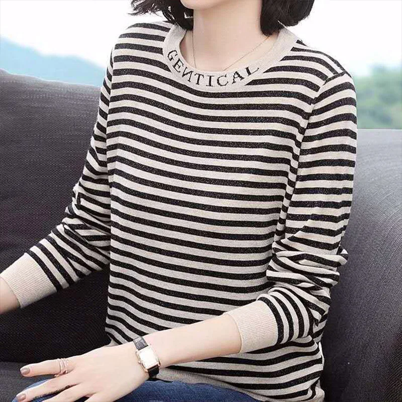 Autumn Fashion All-match O-neck Letter Pullovers Women Clothing Casual Loose Striped Knit Sweaters Lady Elegant Long Sleeve Top