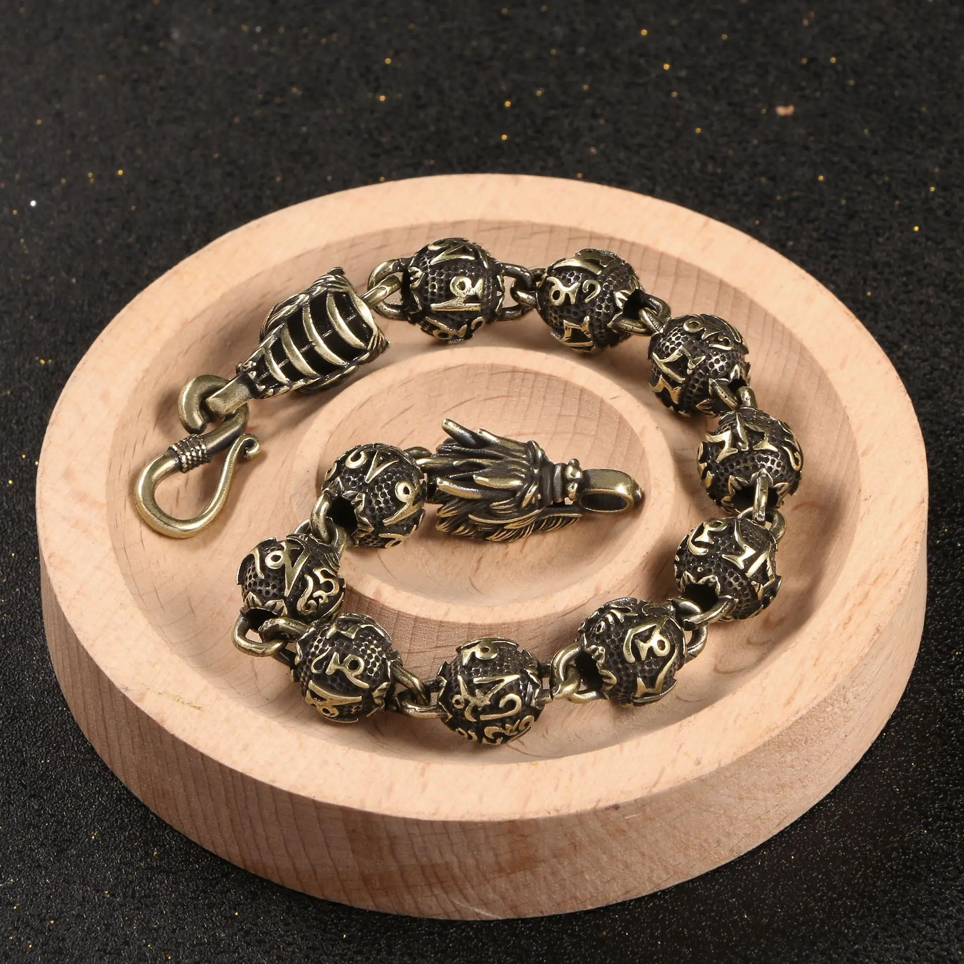 Vintage Copper Buddhism Mantra Beads Chains Dragon Head Bracelets Brass Rosary Bangles Fashion Hip-hop Men Wome Bracelet Jewelry