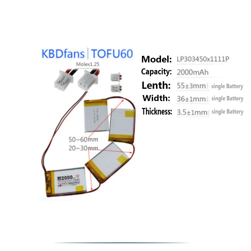 Original substitui a bateria do teclado para farad 69/tu40/melgeek gh60/lot 60 ble/tofu60 placa chave batterie akku
