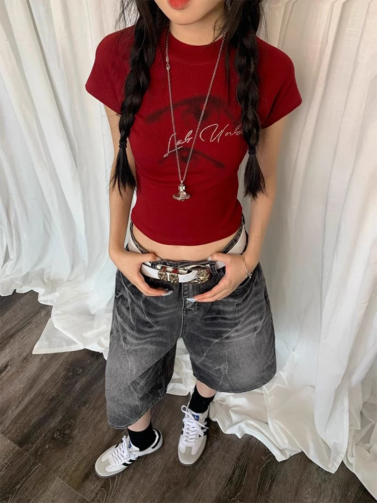 

Retro Street Printed T-shirt Summer Women Short Sleeve Tops Casual Versatile Slim Short Sleeve T-shirt Korean Women’s Clothing