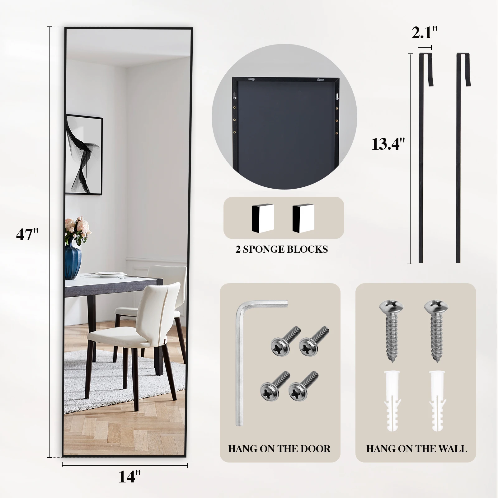 JHK 47x14 Inch Door Hanging Full Length Mirror Arched Full Body Wall Mounted Aluminum Alloy Frame Mirror for Bedroom Dressing Room Entryway