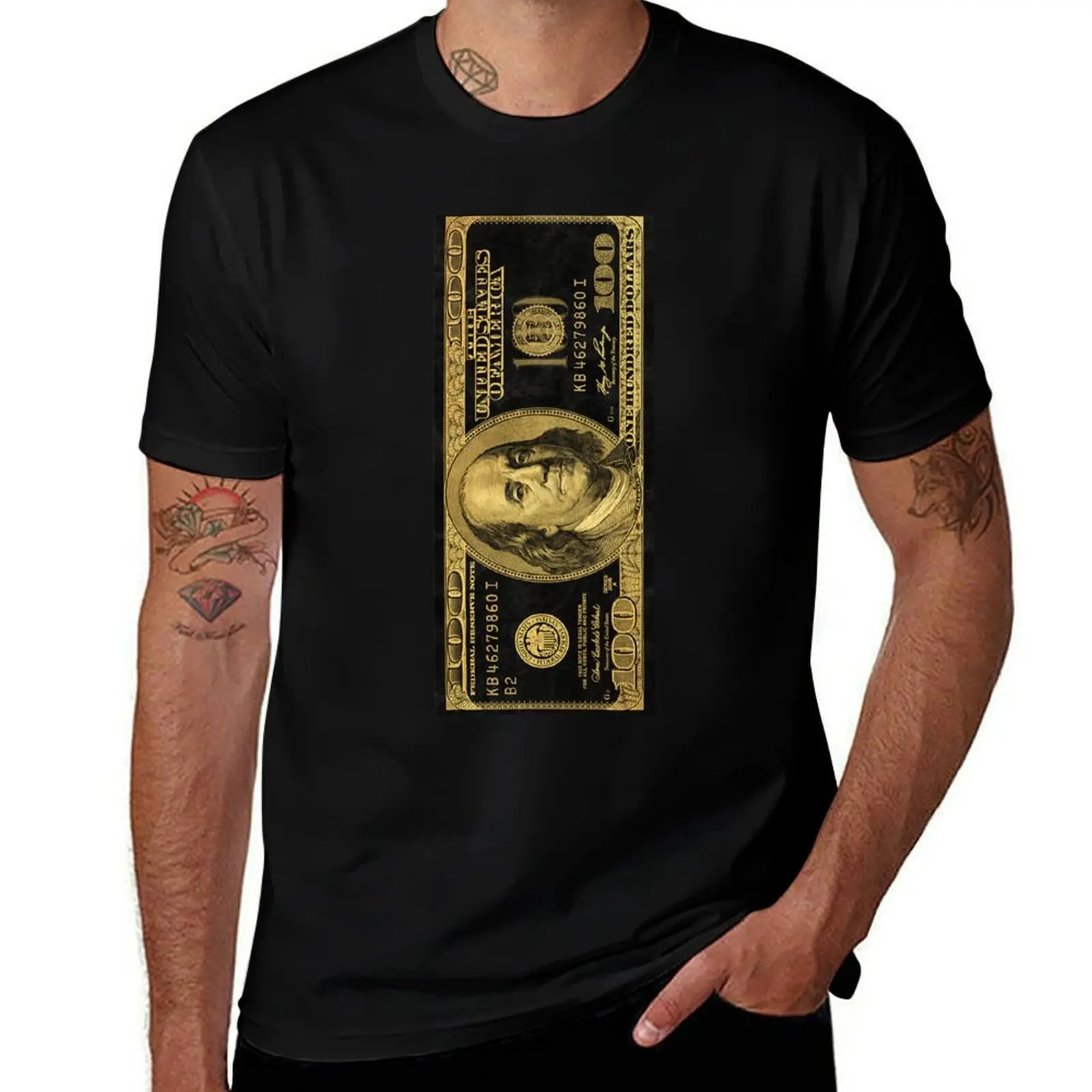 

100 Dollar Bill Black Gold T-Shirt aesthetic clothes blue archive for a boy mens t shirts pack