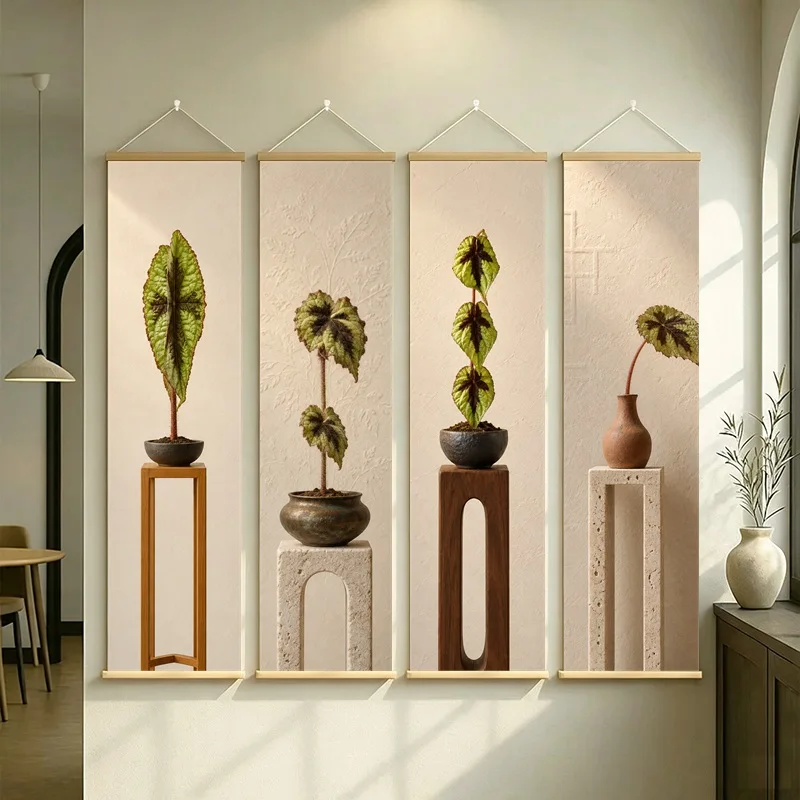 Yellow Green Leaf Wall Art 4-Panel Mottled Tropical Plant Pot Scroll Set on Beige Silver Shimmer Canvas for Cheerful Home Decor