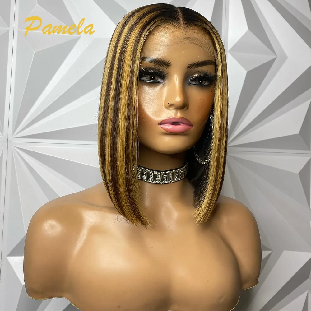 250 Density Short Honey Blonde Ombre 1b 27 Colored Wig Bone Straight Bob 13x4 Lace Front Human Hair Glueless Wig Ready To Wear