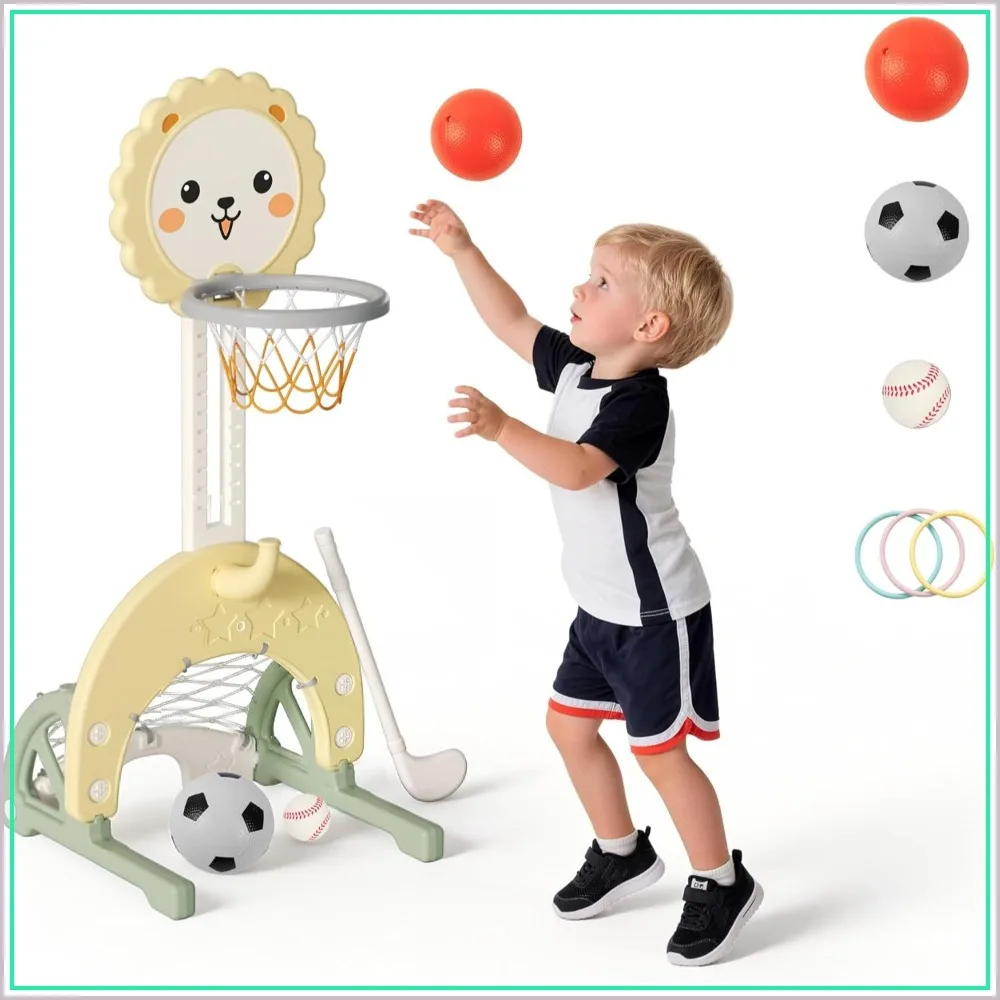 

4-in-1 Indoor Outdoor Sports Center: Basketball, Soccer, Hockey & Ring Toss, Adjustable Height