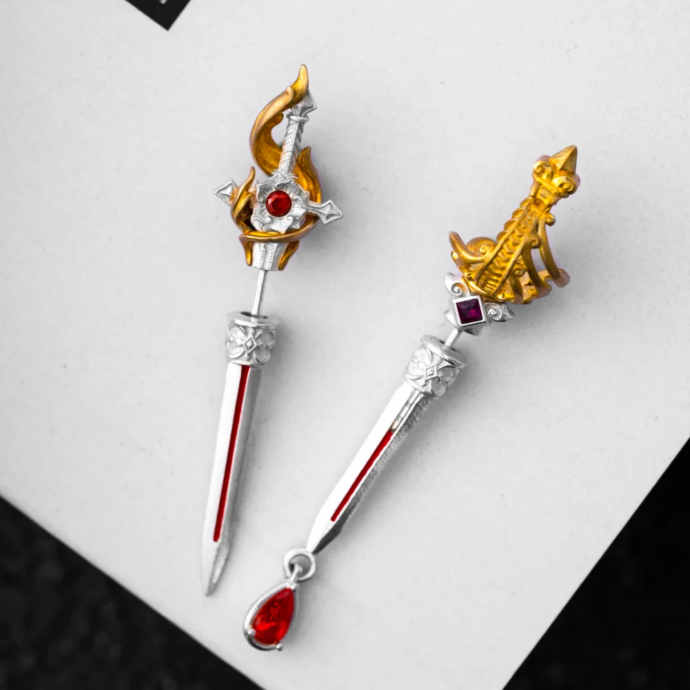 COPPERTIST.WU Basket-Hilt Sword & Crimson Roseblade Stud Earrings Set for Men Women, Sterling Silver & Brass