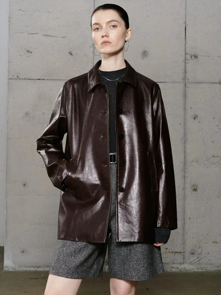 

Casual Genuine Leather Windbreaker Jackets for Women Simple Single Breasted Loose Soft Oil Wax Real Sheepskin Leather Coat