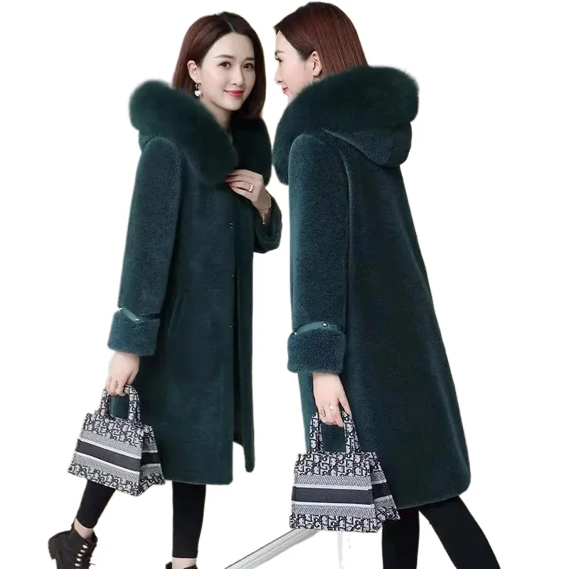 

2024 Winter New Women Grain Cashmere Fur Coat Slim Large Size Long Parkas Thicken Warm Fashion Hooded Outwear Casual Mom Outfit