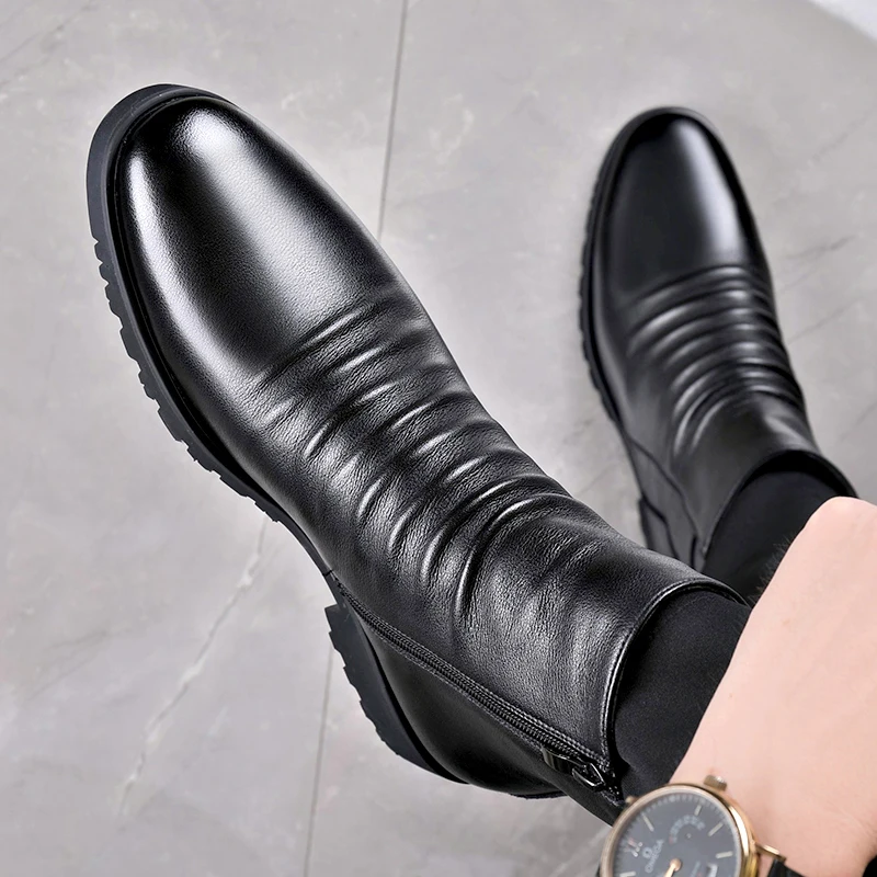 Chelsea Boots Men\'s Genuine Leather Low Top Soft Leather Zipper Business Style American Wear Shoes Plush Ankle Height Increase