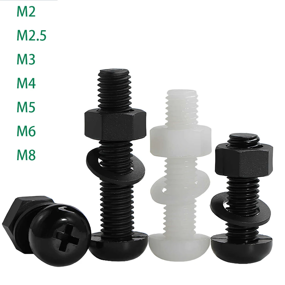 5-50Pc Vite e dado a testa tonda a croce con rondelle M2 M2.5 M3 M4 M5 M6 M8 Viti in nylon nero/bianco Kit dadi per bulloni filettati metrici