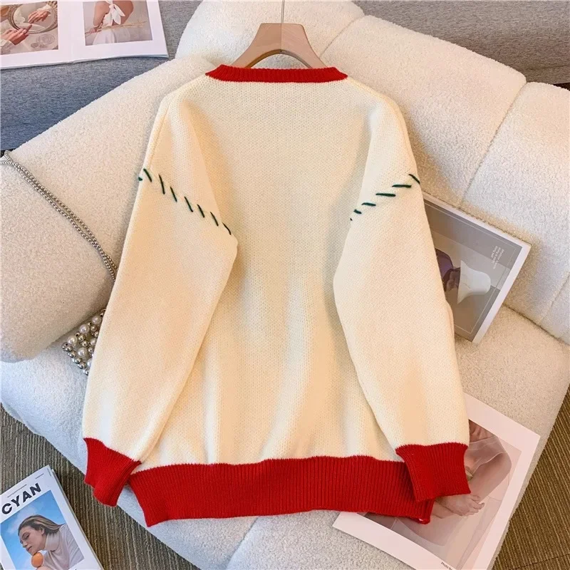 DAYIFUN-Christmas Tree Tassel Design Sweaters Women Autumn Winter Round Neck Contrast Knitted Pullovers Soft Jumpers Top Fashion