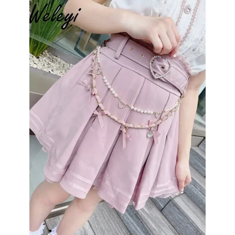 Women Jirai Kei Skirt Japanese Style 2024 Spring Cute Mine Bow Bead Chain Versatile Production Love Belt Princess Pleated Skirts