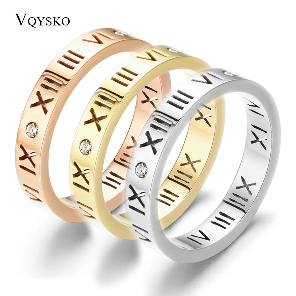 Gold Color Jewelry Stainless Steel Austrian Crystals Roman numerals Lettering Stylish Wedding Rings for Women Girls