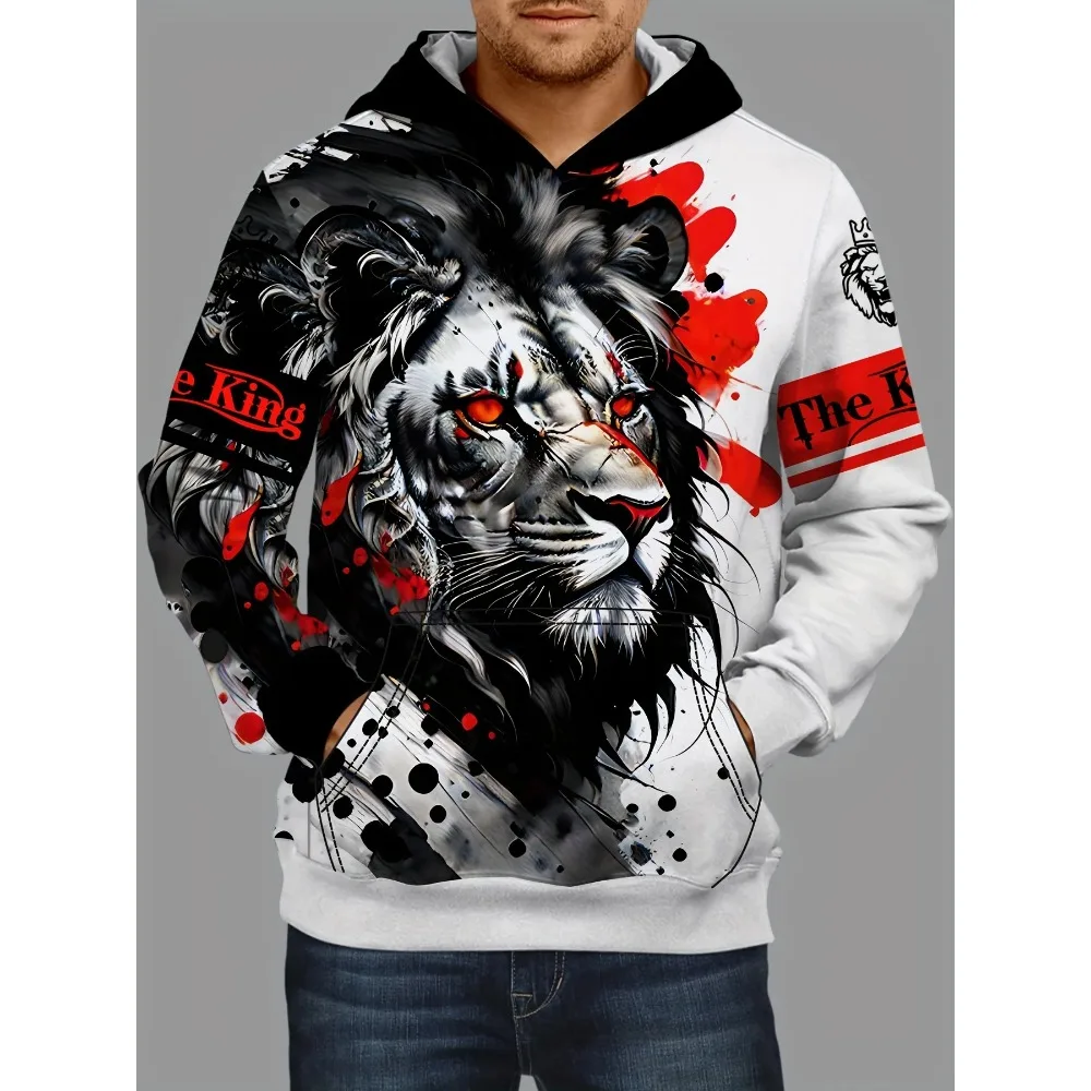 Lion 3d Print Hoodies For Men Graphic Hoodie With Kangaroo Pocket, Comfy Loose Trendy Hooded Pullover, Mens Clothing For Autumn