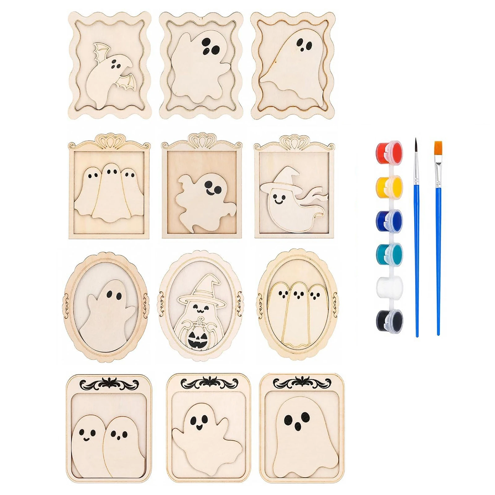 12Pcs Halloween DIY Wooden Ghost Photo Frames  Unpainted Wood Craft Kit Kids Hand‑Painted Activity Supplies for Halloween Party