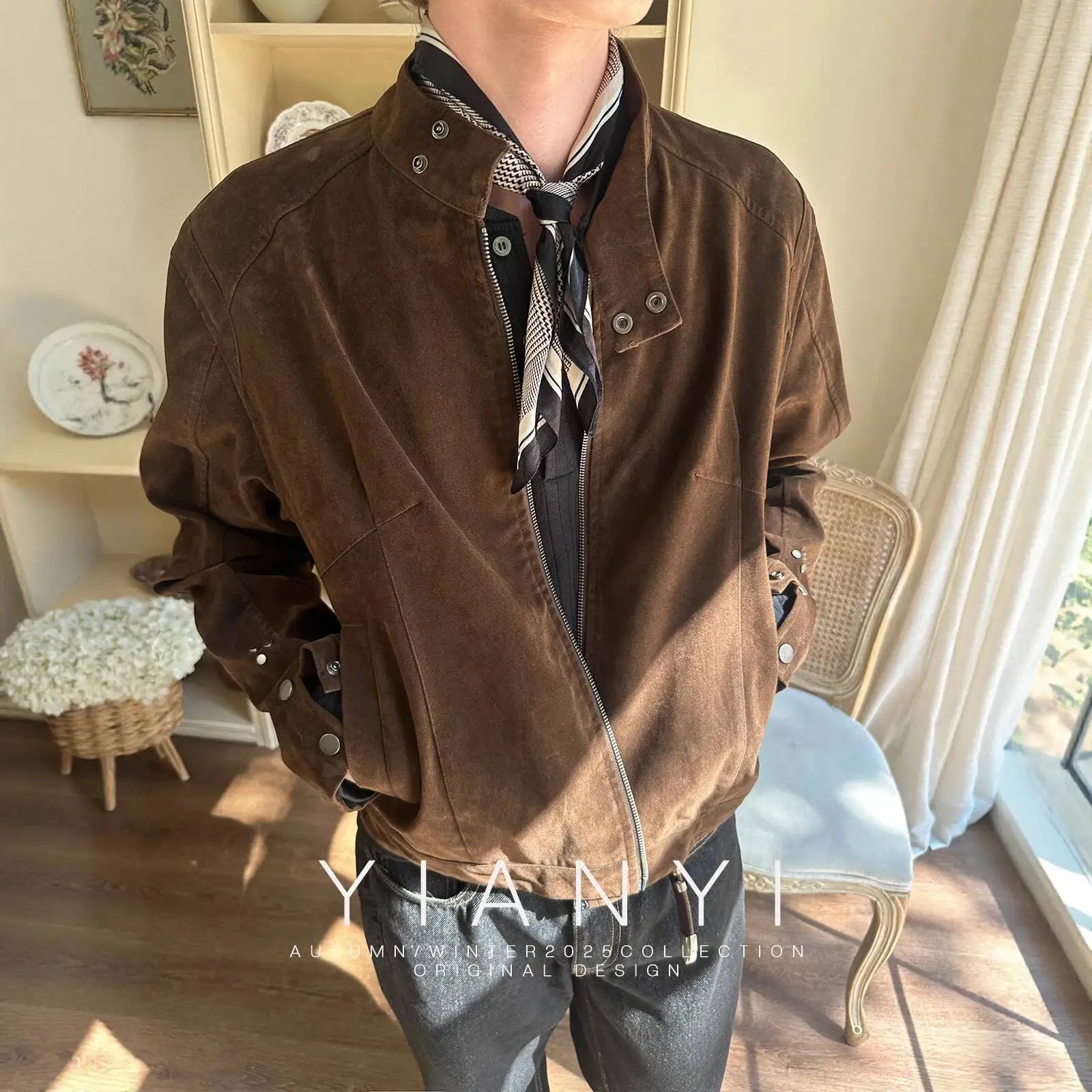 

Men's Jacket Marled Checkered Suede Jacket Retro Niche High End Vintage Stand Collar Zip Up Outerwear