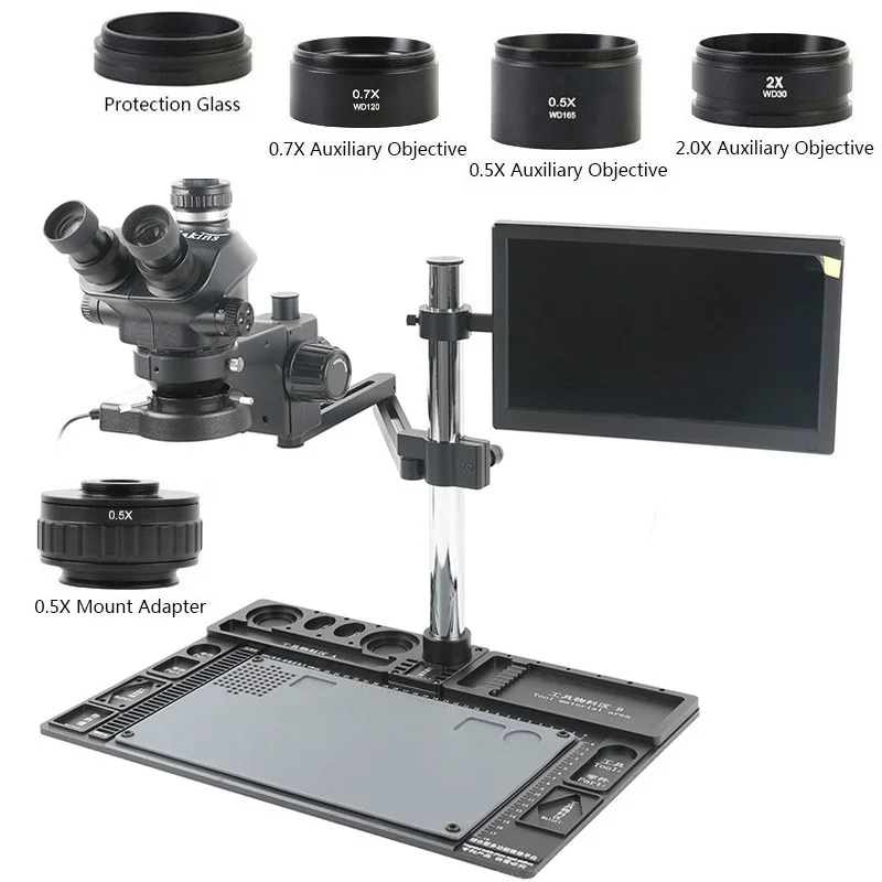 3.5x-100x Zoom Confocal Trinocular Folding Cross-arm Aluminum Alloy Maintenance Workbench Stand 11.6' Monitor Stereo Microscope