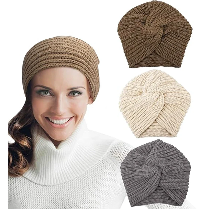 Women's Solid Color Winter Knitted Turban Hat Imitation Cashmere Cross Twisted Hat for Women Bohemian Style Hijab Caps