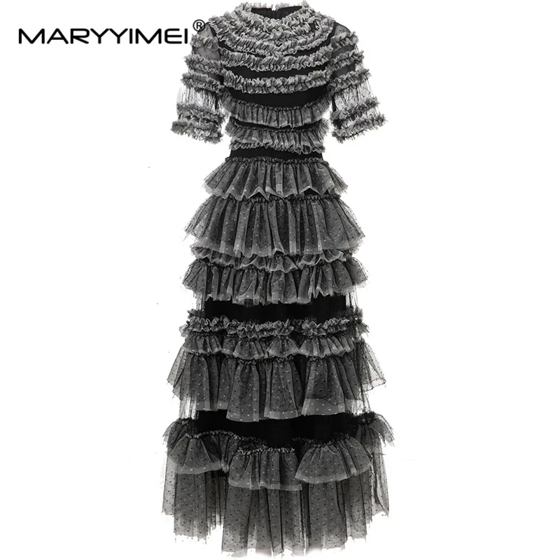 

MARYYIMEI Fashion Spring Summer Women's Dress Short sleeved Mesh Edible Tree Fungus Tiered ruffles Elegant Party Cake Dresses