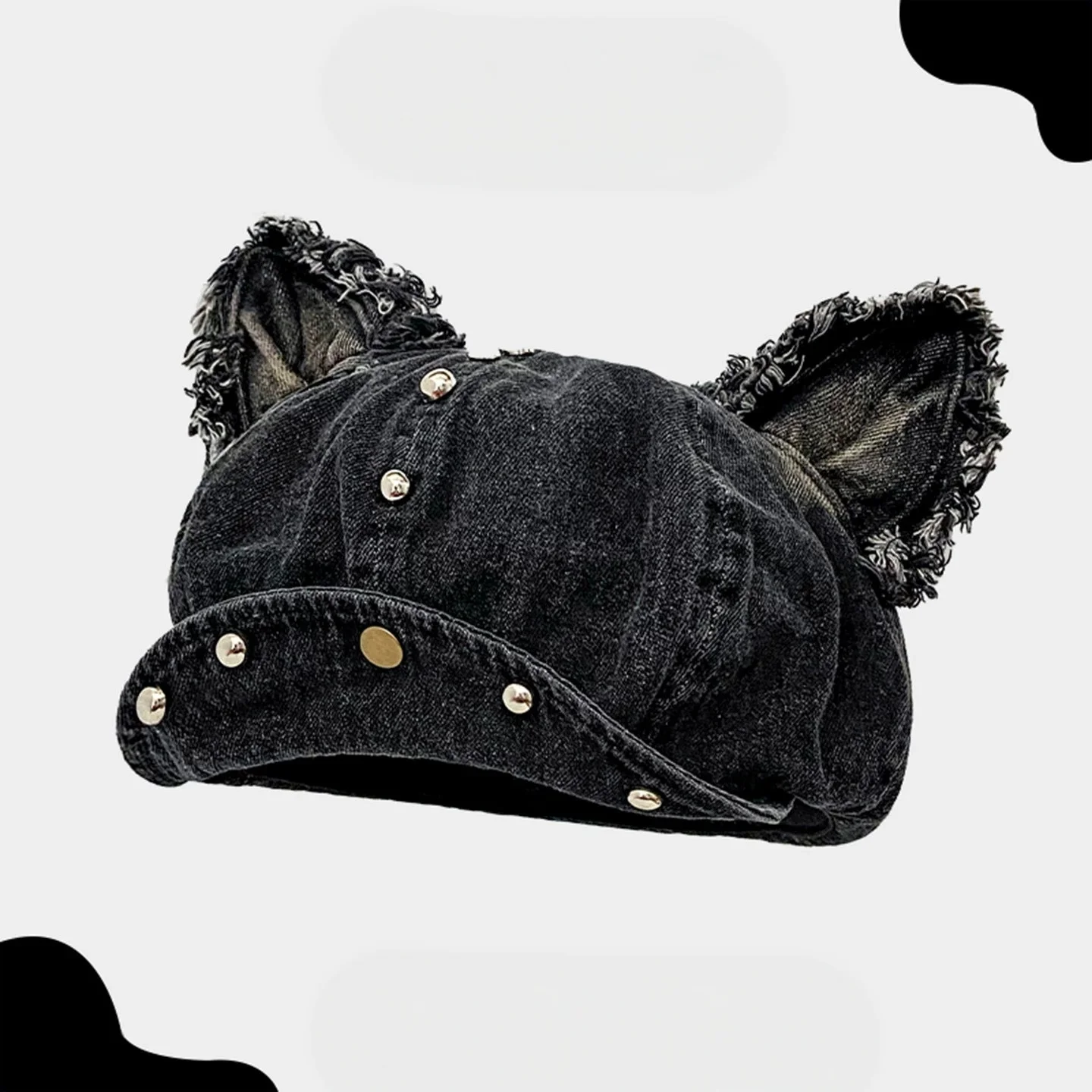 Cat-Ear Denim Studded Octagonal Hat, Women's Cloud-Print Beret, Artistic Newsboy Hat, Painter's Hat