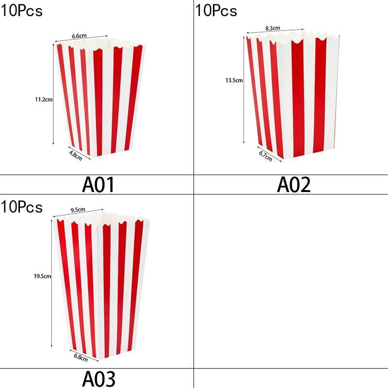 10pcs Red White Fashion Stripe Popcorn Paper Boxes Birthday Home Wedding Party Supplies Movie Theater Dessert Tables Decoration