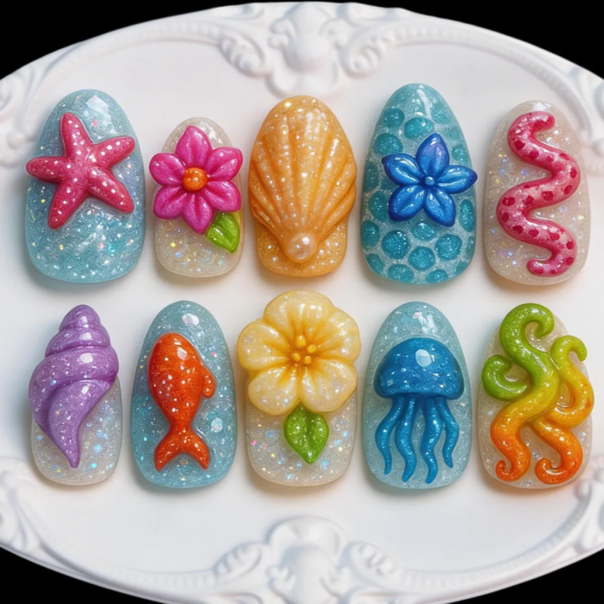 

24PCS Summer Colorful Almond False Nail with 3D Flower Beach Paintings Press on Fake Nail Full Cover Wearable Manicure for Women