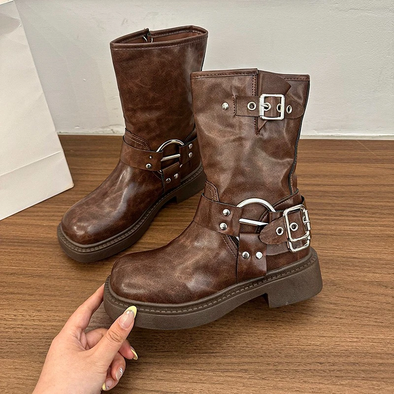 

Metal Belt Buckle Skinny Short Boots Women's Spring New Retro Round Toe Versatile Block Heel Mid-leg Boots