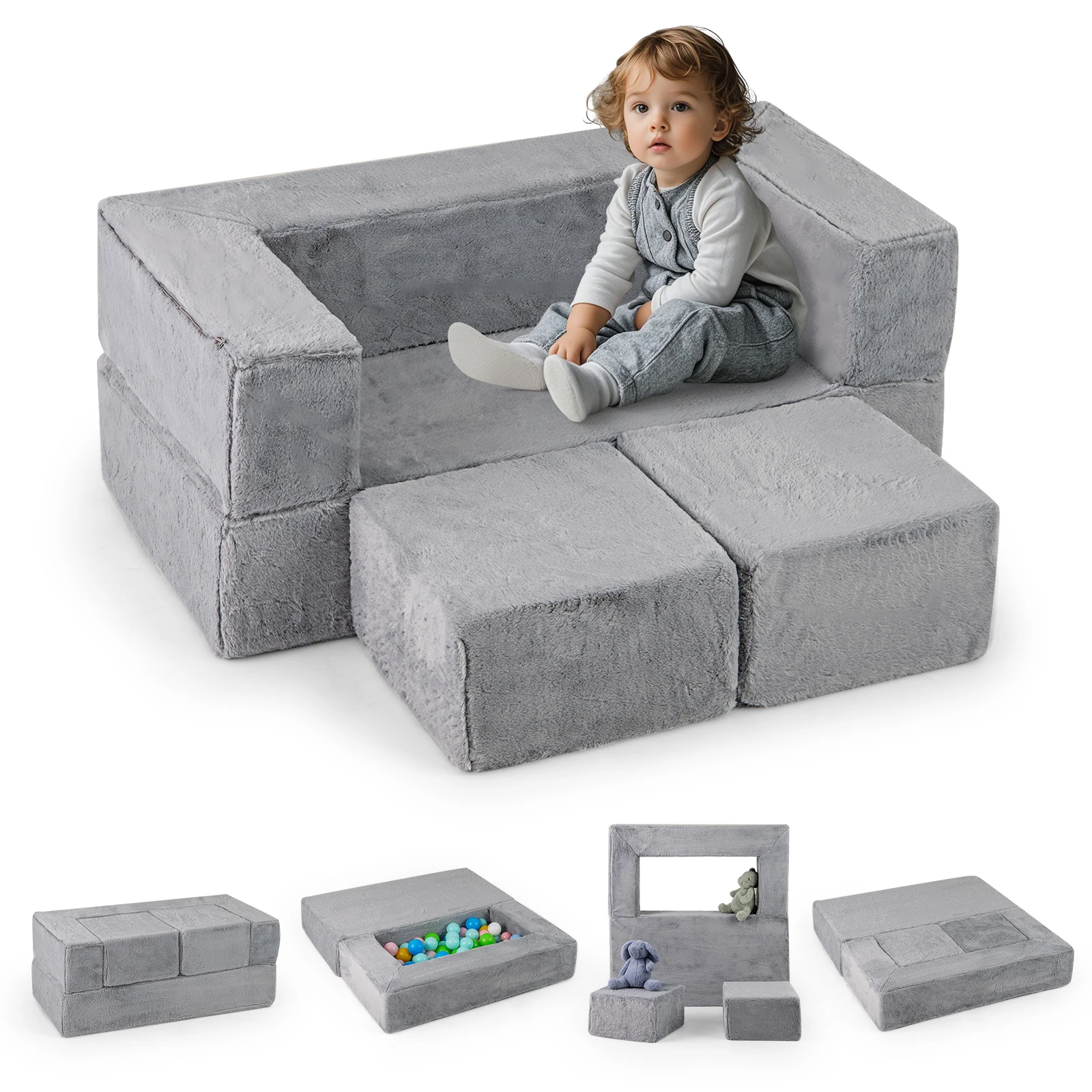 Children's Modular Sofa Foam Playsofa with Removable Plush Cover, Fold-out Module Sofa for Boys & girls