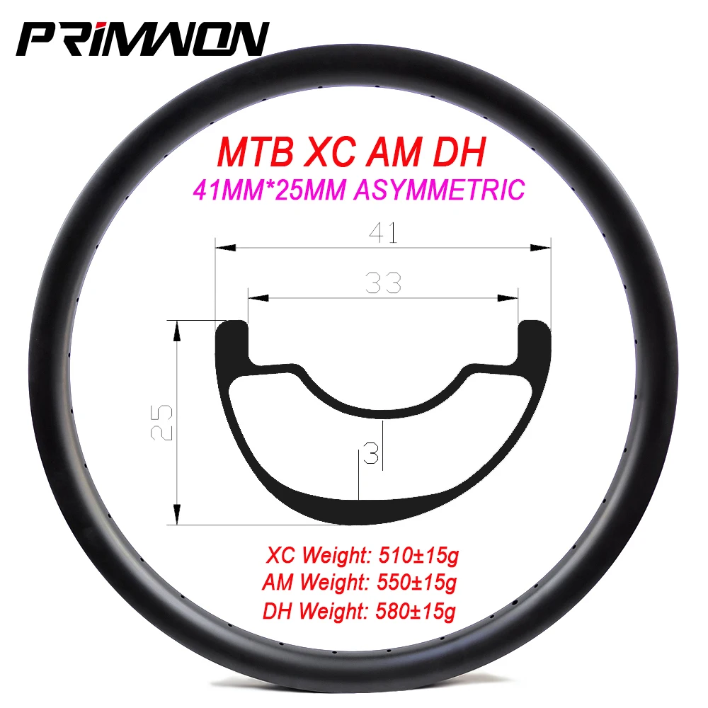 

29ER MTB XC AM DH Bike Carbon Rim 41mm Width 25mm Depth Clincher Tubess Asymmetric Bicycle Wheel DownHill FreeRide UD 3K 12K