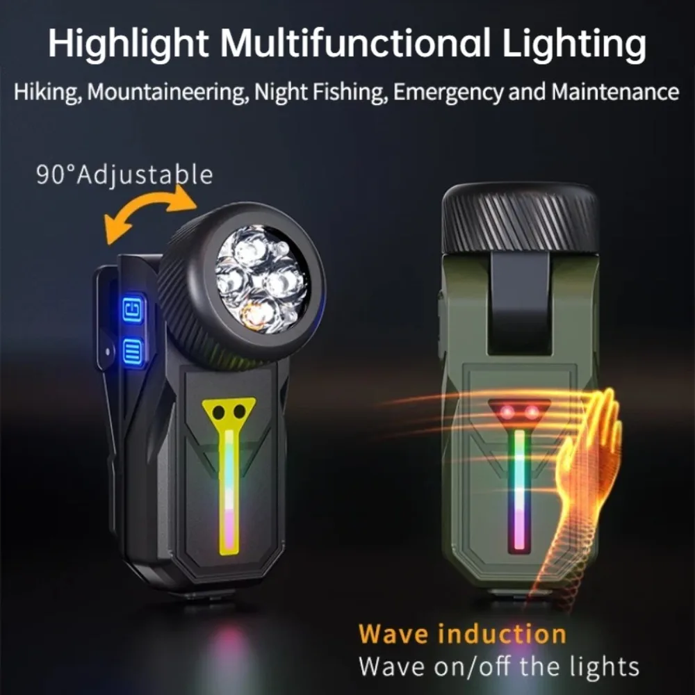 Mini LED Flashlight 90° Adjustable Headlight Induction Work Light  Magnetic Torch with Clip Lamp Ideal For Camping Fishing