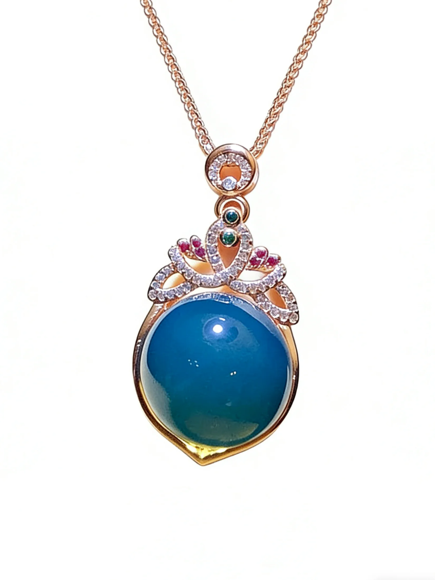 Natural Mexican Blue Amber Pendant 17mm Solid Silver Flower Design with Diamond Halo Round Cabochon Stone Jewelry Gift for Women