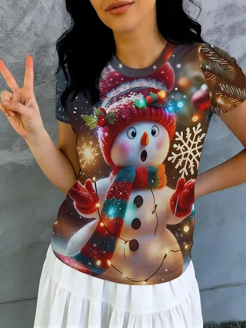 Fun Santa Claus reindeer print top women's short sleeved round neck casual T-shirt, XXS-3XL plus size women's T-shirt