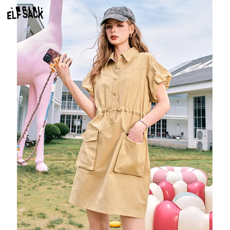 

ELFSACK 2024 Summer New Arrivals Flying sleeves khaki waisted lapel casual slim workwear style dress for women