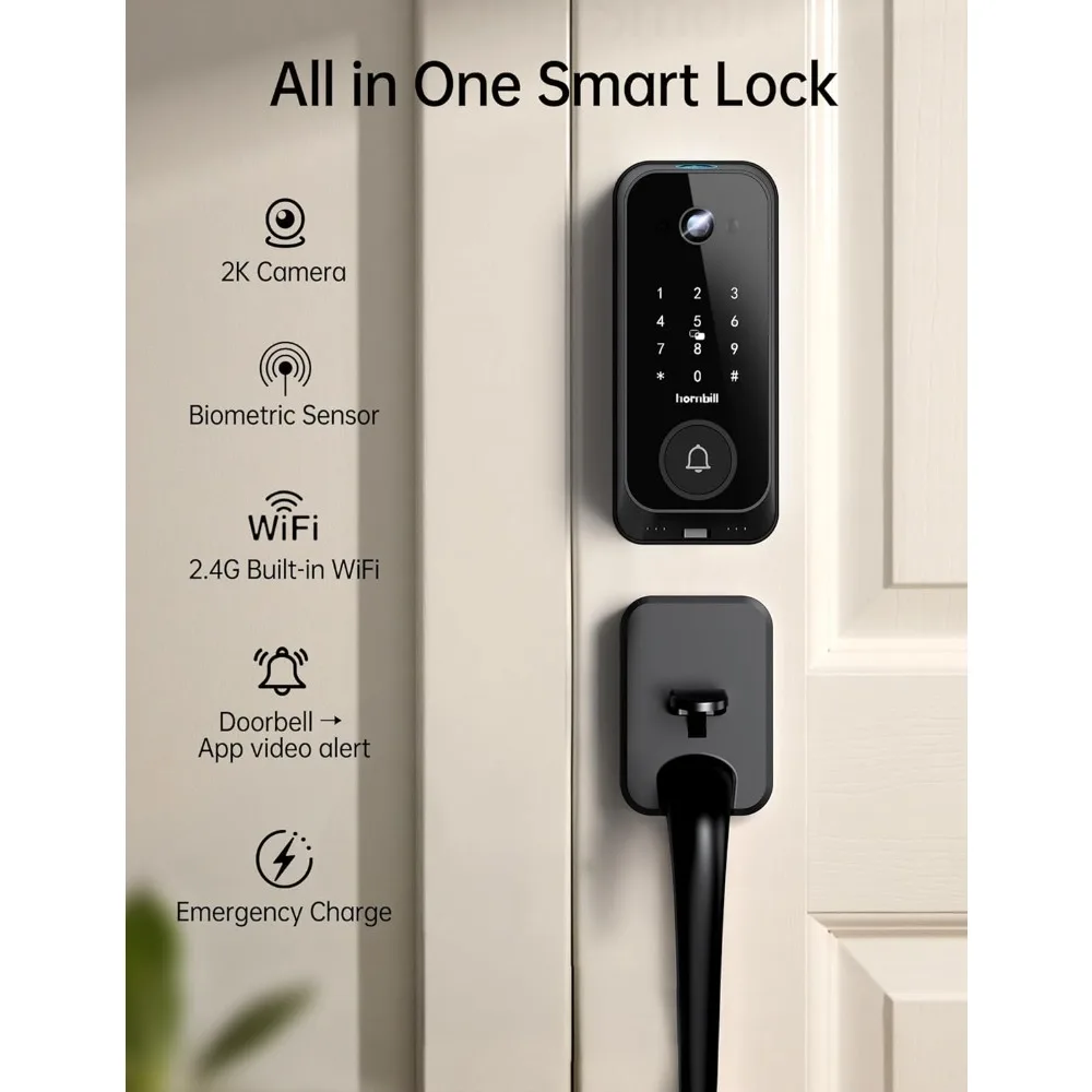 Fechadura inteligente de vídeo com câmera: anel 4 em 1 + câmera 2K + campainha + fechadura de porta de entrada sem chave com impressão digital, fechadura WiFi integrada