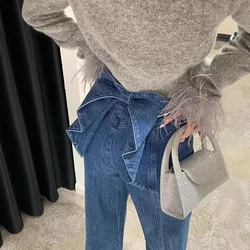 Back bow jeans women's autumn and winter new loose design relaxed high waist pants fashion temperament straight pants.
