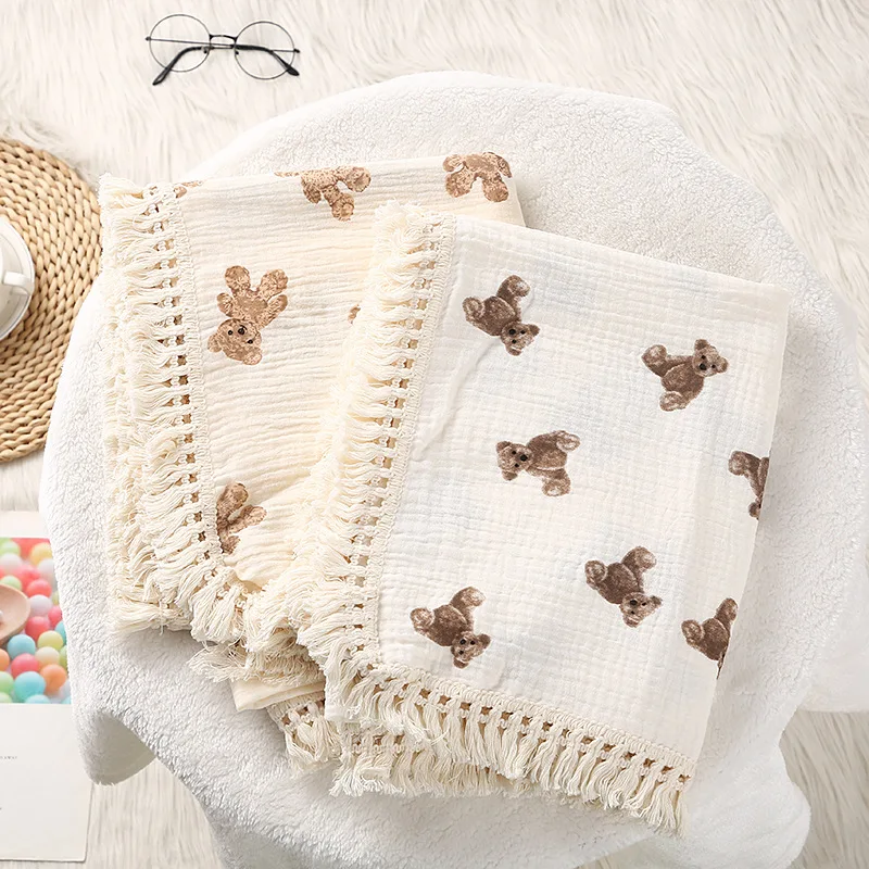 

Cotton Swaddle Blankets for Newborn Baby Tassel Receiving Blanket Solid Swaddle Wrap Infant Print Soft Sleeping Quilt Bed Cover