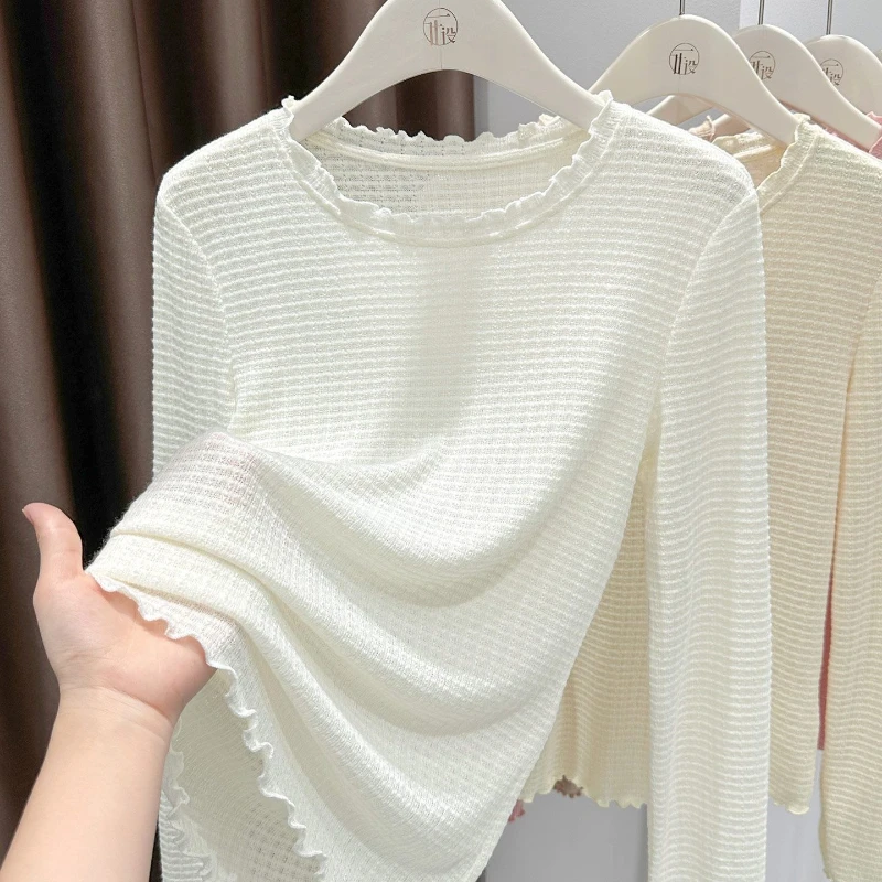 Women's Soft Base Shirt Autumn 2026 Knitted Black Fungus Edge Long Sleeve Solid Color Simple Versatile Fashion Top